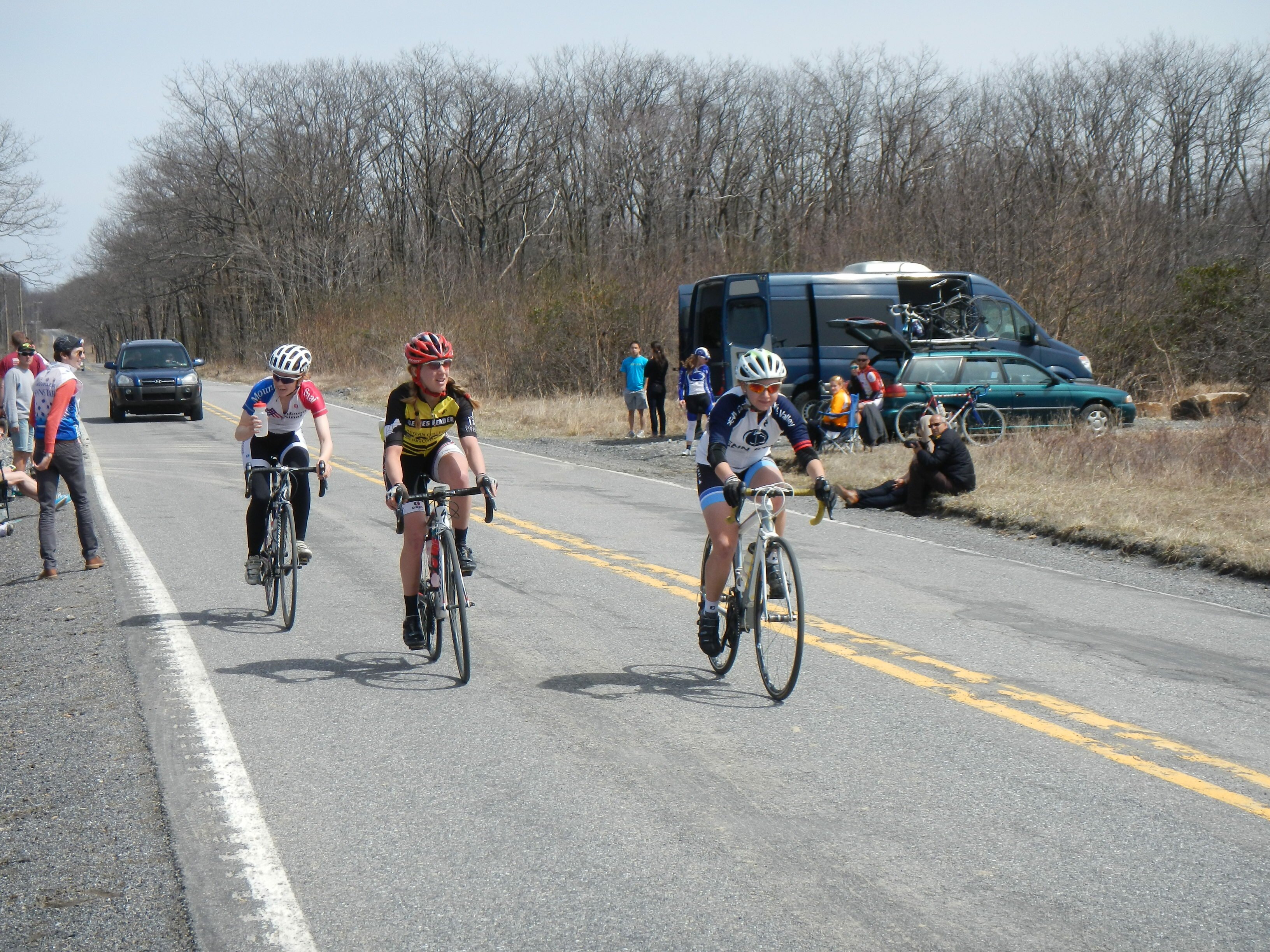 Rose Long of Icahn School of Medicine, Shaena Berlin of Massachusetts Institute of Technology, Monica Volk of Penn State Lehigh Valley- all of them mere mortals at the top of Saturday's final climb in the road race (Photo by Andrew Black)
